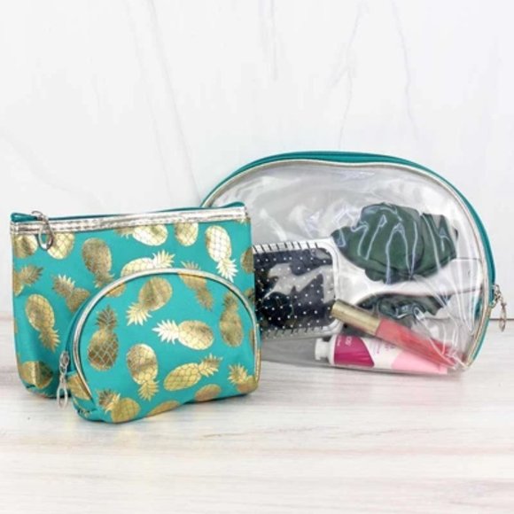 beloved accessories Handbags - Golden Pineapple Turquoise & Clear 3 Piece Pouch